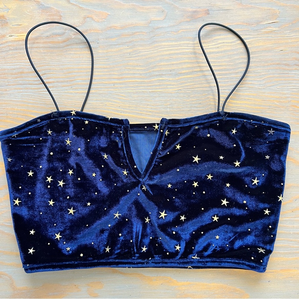 ZAFUL V Notched Glitter Star Velvet Cami Top - Blue S velvet crop top